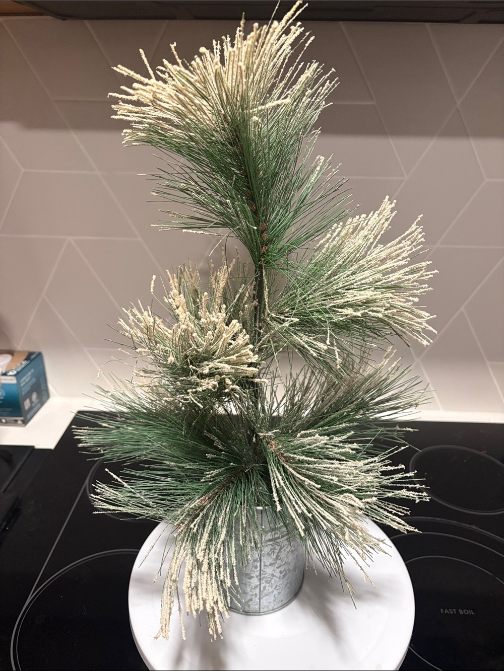 Faux Snow-Dusted Pine Spray in Silver Pot - Green/White 18” high target. 2019